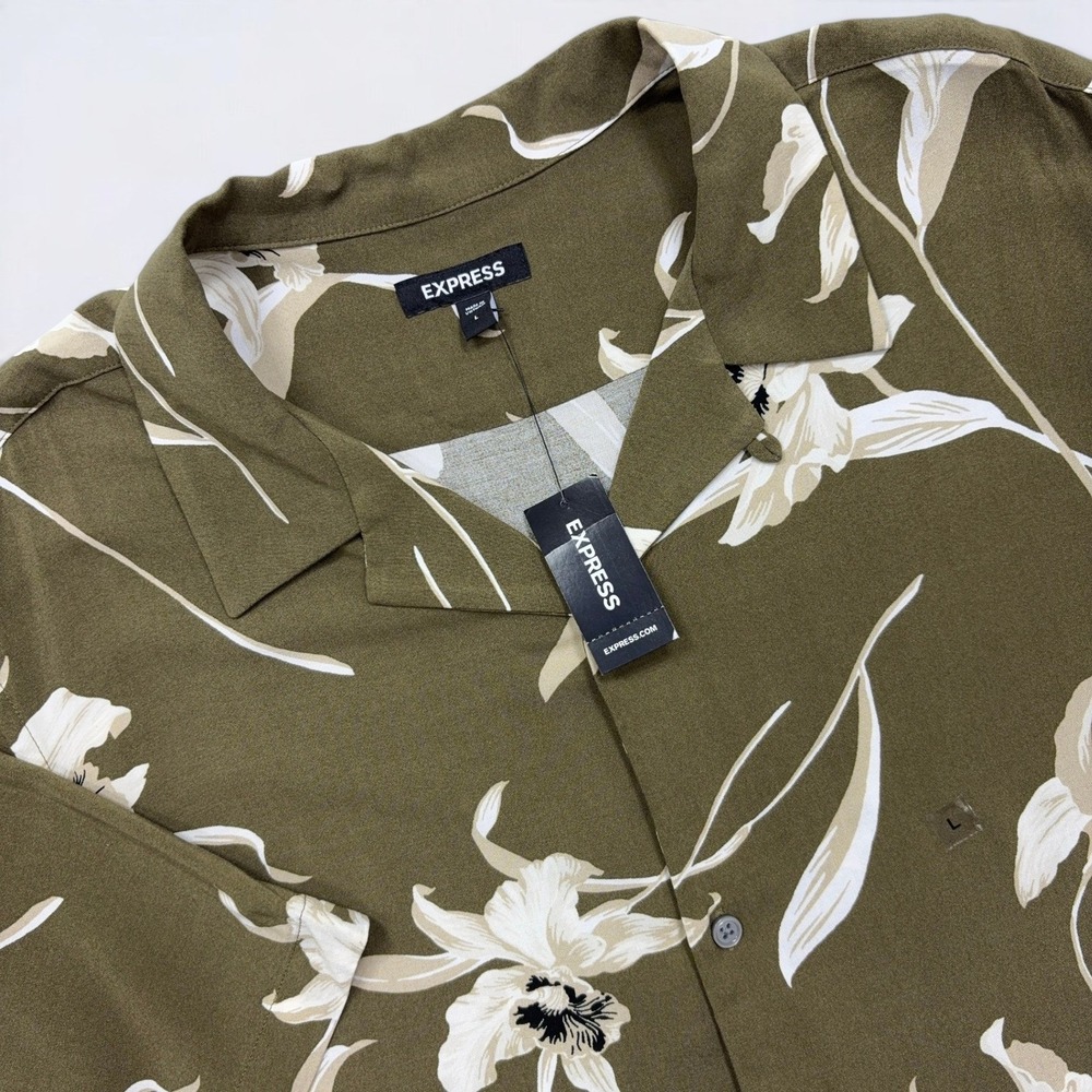 Express Button Up Shirt Mens Large Olive Green Floral Orchid Short Sleeve Rayon